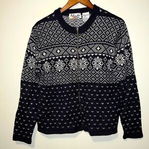 Vintage Wool blend Cardigan Fair Isle Front Zip gray Print Women's Small